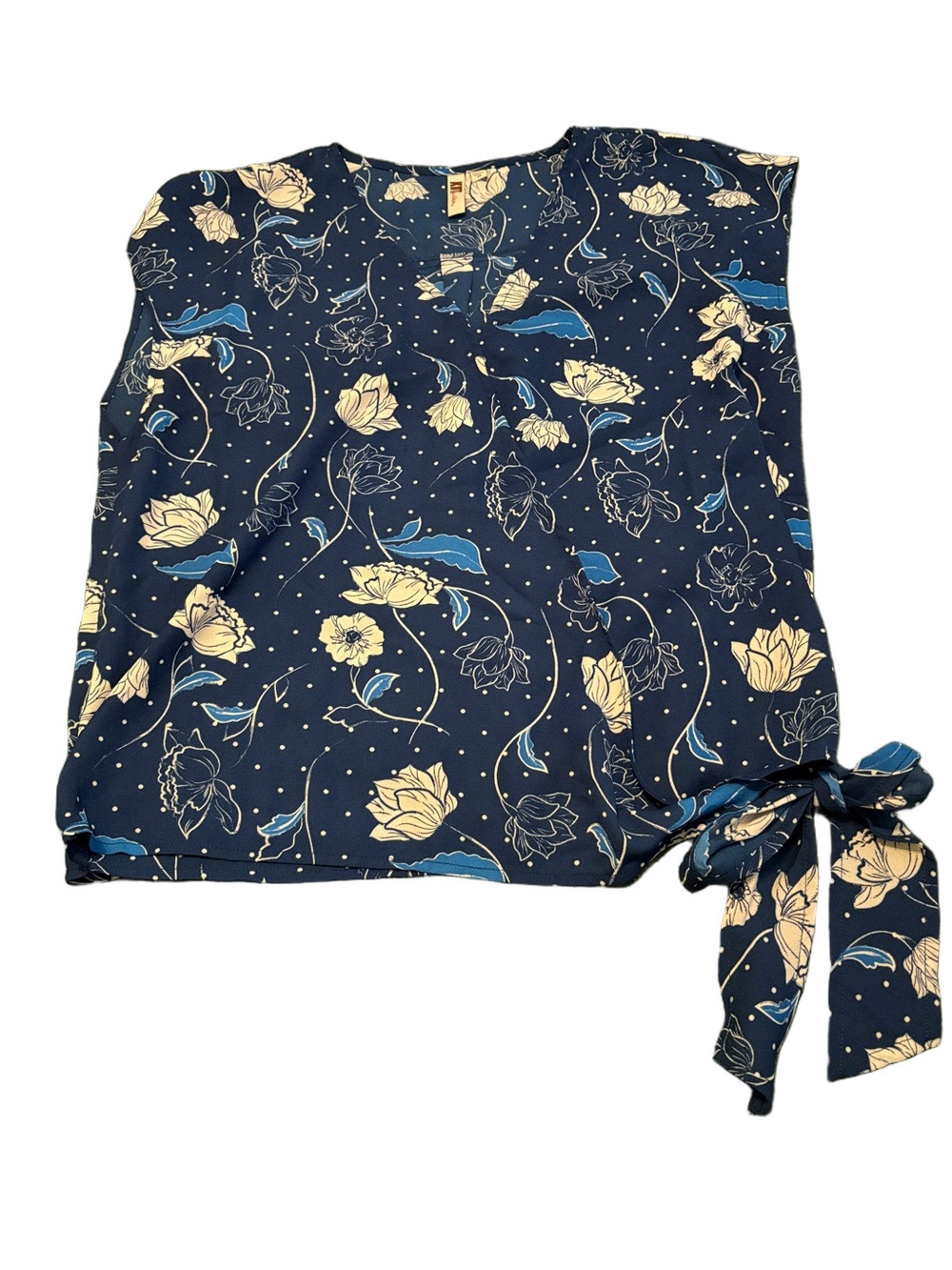 KUT From The Cloth Navy Blue Floral PolkaDot Wrap Blouse V Neck Top Side Tie M
